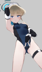 Rule 34 | 1girl, blonde hair, blue archive, blue eyes, blue leotard, blush, breasts, elbow gloves, expressionless, fingerless gloves, from below, gloves, halo, leotard, looking at viewer, maid headdress, short hair, small breasts, solo, spread pussy under clothes, thigh strap, toki (blue archive), u0w0v, v