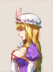 Rule 34 | 1girl, blonde hair, breasts, dress, elbow gloves, from side, gloves, hat, highres, large breasts, lips, mob cap, parted lips, puffy sleeves, purple dress, red eyes, simple background, solo, touhou, white gloves, xtears kitsune, yakumo yukari