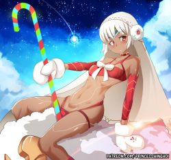 Rule 34 | 1girl, altera (fate), altera the santa (fate), arm support, arm up, artist name, blue sky, blush, bow, bra, breasts, candy, candy cane, choker, cloud, collarbone, dark-skinned female, dark skin, detached sleeves, earmuffs, fate/grand order, fate (series), female focus, food, gloves, headband, hinghoi, leaning back, looking to the side, mittens, navel, outdoors, panties, patreon, patreon username, red bra, red eyes, red neckwear, red panties, shiny skin, shooting star, short hair, sitting, skindentation, sky, small breasts, solo, star (sky), starry sky, tattoo, teeth, text focus, underwear, veil, watermark, web address, white bow, white gloves, white hair