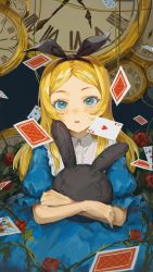Rule 34 | 1girl, alice (alice in wonderland), alice in wonderland, blonde hair, blue dress, blue eyes, card, clock, collared dress, commentary, disney, dress, flower, headband, heart, heart-shaped pupils, highres, holding, holding stuffed toy, long hair, looking up, parted lips, plant, playing card, puffy sleeves, red flower, red rose, rose, skyn blue, solo, stuffed toy, symbol-shaped pupils, upper body, vines