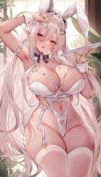 Rule 34 | 1girl, bare shoulders, blush, breasts, cleavage, elf, grey hair, highres, large breasts, long hair, looking at viewer, navel, original, pointy ears, red eyes, smile, solo, sora 72-iro, thighhighs, thighs, tongue, tongue out