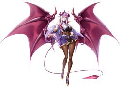 Rule 34 | 1girl, aura, bare shoulders, breasts, choker, covered navel, demon girl, demon tail, demon wings, female focus, fingernails, full body, highres, horns, kagami hirotaka, large breasts, lilim (awoken), lilim (taimanin asagi battle arena), lilith-soft, lips, lipstick, long hair, long pointy ears, looking at viewer, makeup, nail polish, official art, pantyhose, parted lips, pointy ears, purple lips, red nails, sasayama ittousai, simple background, solo, tail, taimanin (series), taimanin rpgx, very long hair, white background, white hair, wings