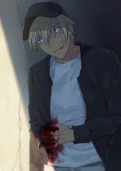 Rule 34 | 1boy, amuro tooru, baseball cap, black hat, black jacket, bleeding, blonde hair, blood, blood on clothes, blood on face, blood on hands, blue eyes, blurry, casual, closed mouth, commentary request, depth of field, dripping, hair between eyes, hand on own stomach, hat, highres, injury, jacket, k (gear labo), long sleeves, looking at viewer, male focus, meitantei conan, open clothes, open jacket, scratches, shadow, shirt, short hair, smile, solo, sweat, upper body, wall, white shirt