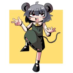 Rule 34 | 1girl, absurdres, ahoge, animal ear fluff, animal ears, blush stickers, commentary request, cookie (touhou), crystal, full body, grey footwear, grey hair, grey skirt, grey vest, hair between eyes, highres, jewelry, long sleeves, medium bangs, mouse ears, mouse girl, mouse tail, nazrin, nyon (cookie), open mouth, pendant, red eyes, shirt, shoes, short hair, simple background, skirt, skirt set, smile, socks, solo, sznkrs, tail, teeth, touhou, two-tone background, upper teeth only, upturned eyes, vest, w, white background, white shirt, white socks, yellow background
