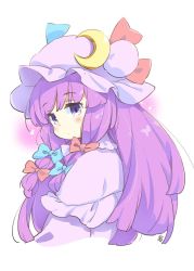 Rule 34 | 1girl, blue bow, blue ribbon, blush, bow, capelet, commentary request, cropped torso, from side, hair bow, hat, hat ribbon, long hair, looking at viewer, mob cap, patchouli knowledge, purple eyes, purple hair, red bow, red ribbon, ribbon, signature, simple background, solo, tanasuke, touhou, upper body, watermark, white background