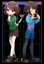 Rule 34 | 2others, aqua shorts, aqua sweater, black footwear, black pantyhose, blunt bangs, blunt ends, bob cut, brown footwear, brown hair, brown shorts, chara (undertale), child, closed eyes, commentary request, covered mouth, english text, frisk (undertale), full body, gameplay mechanics, green sweater, grin, hair behind ear, hand up, hands up, heart, heart hands, heart in heart hands, heart necklace, highres, holding, holding knife, index finger raised, jewelry, knife, leftporygon, long sleeves, looking at viewer, multiple others, necklace, pantyhose, pink sweater, red eyes, short hair, shorts, smile, socks, standing, striped clothes, striped sweater, sweater, turtleneck, turtleneck sweater, undertale, white socks, window (computing), yellow sweater