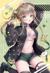 Rule 34 | 1girl, arm up, bear hair ornament, bikini, bikini top only, bikini under clothes, black footwear, black jacket, black thighhighs, blush, boots, breasts, brown hair, collarbone, commentary request, green background, green ribbon, green shorts, grey bikini, hair ornament, hair ribbon, hairclip, hand up, highres, jacket, kohinata hoshimi, lightning bolt symbol, long hair, long sleeves, looking at viewer, open clothes, open jacket, open mouth, original, pinching sleeves, puffy long sleeves, puffy sleeves, revision, ribbon, short shorts, shorts, side ponytail, sidelocks, sleeves past wrists, small breasts, solo, swimsuit, thighhighs, thighhighs under boots, very long hair