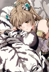 Rule 34 | 1girl, bare shoulders, black gloves, brown hair, closed mouth, commentary, ear piercing, earrings, english commentary, extra ears, fingerless gloves, gloves, highres, jewelry, kemonomimi mode, long hair, love live!, love live! school idol project, minami kotori, niant9n, orange eyes, piercing, ponytail, snow leopard, snow leopard ears, solo, stud earrings, twitter username, upper body