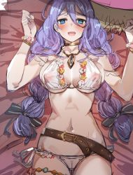 Rule 34 | 1girl, bare shoulders, belt, bikini, blue eyes, blush, bow (bhp), braid, breasts, cleavage, collarbone, hair between eyes, large breasts, light purple hair, long hair, looking at viewer, navel, open mouth, princess connect!, shizuru (princess connect!), shizuru (summer) (princess connect!), smile, solo, swimsuit, thighs, twin braids, white bikini