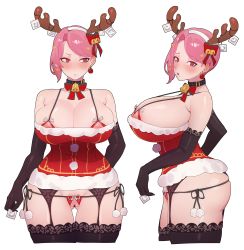 Rule 34 | 1girl, 5t (5t 000), absurdres, antlers, bell, belt collar, black bow, black gloves, black thighhighs, bow, bowtie, bra, breasts, christmas, christmas dress, cleavage, closed mouth, collar, condom, condom belt, condom on head, crotchless, crotchless panties, cupless bra, dress, earrings, elbow gloves, fake antlers, garter belt, gloves, gluteal fold, hair bow, hairband, highres, holding, holding condom, horns, huge breasts, jewelry, looking at viewer, microdress, multiple views, neck bell, original, panties, parted lips, pink hair, red bow, red bowtie, red eyes, reindeer antlers, revealing clothes, short hair, side-tie panties, simple background, thigh gap, thighhighs, underwear, white background