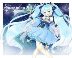 Rule 34 | 1girl, 2017, :d, amane (amnk1213), artist name, blue eyes, blue hair, character name, detached sleeves, dress, earrings, fingerless gloves, gloves, hair ornament, hair ribbon, hairclip, hatsune miku, highres, jewelry, long hair, open mouth, ribbon, sky, smile, solo, star (sky), starry sky, twintails, very long hair, vocaloid, wand, yuki miku