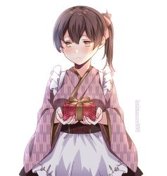 Rule 34 | 1girl, alternate costume, apron, blush, box, breasts, brown eyes, brown hair, closed mouth, gift, gift box, hair between eyes, highres, holding, holding gift, japanese clothes, kaga (kancolle), kantai collection, kukimaru, large breasts, long hair, long sleeves, side ponytail, simple background, solo, twitter username, white apron, white background, wide sleeves