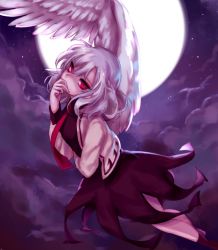 Rule 34 | 1girl, bad id, bad twitter id, cloud, cloudy sky, covering own mouth, dress, flying, hand over own mouth, head back, jacket, kishin sagume, long sleeves, looking at viewer, moon, necktie, purple dress, red eyes, red necktie, silver hair, single wing, sky, solo, star (sky), starry sky, tis (shan0x0shan), touhou, wings