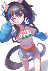 Rule 34 | 1girl, \m/, absurdres, animal ears, bead necklace, beads, belt, blue shorts, blush, breasts, brown hair, crop top, crop top overhang, daitaku helios (umamusume), ear covers, fang, feet out of frame, grin, hair ornament, hairclip, hand over eye, hand up, highres, horse ears, horse girl, horse tail, jewelry, long hair, looking at viewer, medium breasts, midriff, multicolored hair, multicolored nails, nail polish, navel, necklace, one eye closed, open mouth, shirt, shorts, side ponytail, sleeves past wrists, smile, solo, sutora binsuke, tail, teeth, two-tone hair, umamusume, yellow eyes