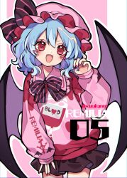 Rule 34 | 1girl, alternate costume, bat wings, black bow, black bowtie, black ribbon, black skirt, blue hair, blush, border, bow, bowtie, character name, clothes writing, collared shirt, commentary request, fang, fangs, fingernails, hair between eyes, hand up, hat, hat ribbon, heart, heart print, highres, kyouda suzuka, long fingernails, long sleeves, looking at viewer, miniskirt, mob cap, nail polish, numbered, open mouth, outside border, pink background, pink hat, pink shirt, puffy long sleeves, puffy sleeves, red eyes, red nails, red shirt, remilia scarlet, ribbon, shirt, short hair, simple background, skirt, smile, solo, spear the gungnir, standing, striped bow, striped bowtie, striped clothes, striped ribbon, sweater, tongue, touhou, twitter username, v-shaped eyebrows, white border, wings