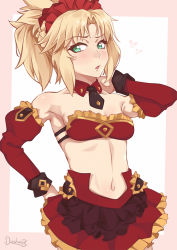 Rule 34 | 1girl, alternate costume, artist name, bare shoulders, blonde hair, blush, braid, breasts, cleavage, collarbone, commentary, darahan, detached sleeves, enmaided, fate/grand order, fate (series), green eyes, heart, long hair, maid, maid headdress, medium breasts, mordred (fate), mordred (fate/apocrypha), navel, necktie, parted bangs, ponytail, red skirt, red sleeves, skirt, solo