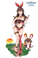Rule 34 | !, 1girl, absurdres, amber (genshin impact), bare shoulders, baron bunny (genshin impact), belt, breasts, brown hair, cleavage, cuff links, cuffs, genshin impact, hair ribbon, highres, long hair, looking at viewer, medium breasts, navel, open mouth, red ribbon, red thighhighs, ribbon, shoes, shy, single thighhigh, slime (creature), slime (genshin impact), thigh strap, thighhighs, yellow eyes