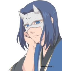 Rule 34 | 1boy, ainu clothes, aquaplus, blue eyes, blue hair, closed mouth, fingernails, from side, hakuowlo, landschaft, looking at viewer, mask, medium hair, nose, signature, solo, utawarerumono