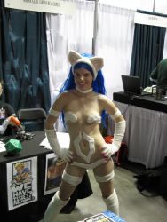 Rule 34 | animal ears, animal hands, blue hair, breasts, cat ears, cleavage, cosplay, felicia (cosplay), felicia (vampire), highres, navel, non-asian, photo (medium), small breasts, smile, vampire (game)