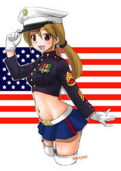 Rule 34 | 1girl, :d, adapted costume, american flag, black scrunchie, blonde hair, blue skirt, blush, brown eyes, cowboy shot, cropped jacket, cropped legs, ebifly, garter straps, gloves, hair between eyes, hair ornament, hair scrunchie, hand on headwear, hand up, hat, long sleeves, looking at viewer, low twintails, medal, midriff, military, military uniform, navel, open mouth, original, peaked cap, scrunchie, sergeant, skirt, smile, soldier, solo, thighhighs, twintails, uniform, united states marine corps, white gloves, white hat, white thighhighs