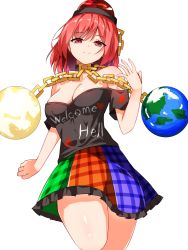 1girl, bangs, black headwear, black shirt, breasts, chain, chains, cleavage, closed mouth, clothes writing, cowboy shot, earth (ornament), eyebrows visible through hair, gold chain, hecatia lapislazuli, highres, kiui (dagk8254), looking at viewer, moon (ornament), multicolored, multicolored clothes, multicolored skirt, off-shoulder shirt, off shoulder, plaid, plaid skirt, polos crown, red eyes, red hair, shirt, short hair, simple background, skirt, smile, solo, standing, t-shirt, touhou, white background