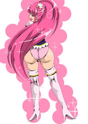 Rule 34 | 10s, 1girl, aino megumi, ass, boots, cure lovely, female focus, from behind, hair ornament, hairpin, happinesscharge precure!, high heel boots, high heels, highres, huge ass, long hair, looking back, magical girl, no pants, open mouth, panties, pink eyes, pink hair, pink panties, ponytail, precure, satokapu, smile, solo, standing, thigh boots, thighhighs, underwear, very long hair