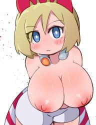 Rule 34 | 1girl, bare shoulders, blonde hair, blue eyes, blush, breast focus, breasts, creatures (company), game freak, hanging breasts, huge breasts, inviting viewer, irida (pokemon), jewelry, miyazero, necklace, nintendo, nipples, no bra, pokemon, pokemon legends: arceus, presenting, puffy areolae, puffy nipples, short hair, shorts, solo, sweat, topless