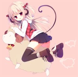 Rule 34 | 1girl, :d, animal ears, bell, black skirt, black thighhighs, blonde hair, blush, boots, bow, braid, brown footwear, commentary request, hair between eyes, hood, hoodie, izumiyuhina, long hair, looking at viewer, looking to the side, monkey ears, monkey girl, monkey tail, on animal, open mouth, original, pink background, plaid, plaid bow, plaid vest, pleated skirt, pom pom (clothes), red bow, red eyes, red vest, riding, sheep, shoe soles, skirt, smile, solo, tail, thighhighs, very long hair, vest, white hoodie