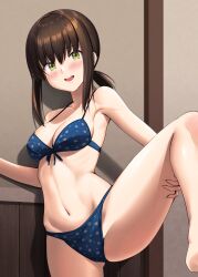 Rule 34 | 1girl, bare arms, bare legs, bare shoulders, bikini, blue bikini, blush, breasts, brown hair, collarbone, feet out of frame, fubuki (kancolle), green eyes, groin, hair between eyes, highres, holding leg, ichikawa feesu, kantai collection, leg up, looking at viewer, medium breasts, navel, open mouth, polka dot, polka dot bikini, short hair, short ponytail, solo, standing, standing on one leg, swimsuit, teeth, upper teeth only