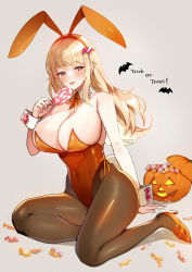 Rule 34 | 1girl, animal ears, bare shoulders, black leotard, blonde hair, blush, bow, bowtie, breasts, candy, cleavage, detached collar, fake animal ears, fake tail, food, halloween, halloween bucket, large breasts, leotard, lollipop, long hair, looking at viewer, meesuke, orange eyes, original, pantyhose, playboy bunny, rabbit ears, rabbit tail, smile, solo, strapless, strapless leotard, tail, trick or treat, wrist cuffs