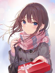 Rule 34 | 1girl, absurdres, backlighting, bag, blue eyes, blue scarf, blush, box, box of chocolates, brown hair, checkered clothes, checkered scarf, closed mouth, coat, commentary, duffel coat, enpera, eyelashes, fingernails, floating hair, gift, gift box, giving, grey coat, highres, holding, holding box, holding gift, incoming gift, light particles, long hair, long sleeves, looking at viewer, multicolored clothes, multicolored scarf, nagiha kuten, original, pink scarf, ribbon, scarf, school bag, sidelocks, smile, solo, toggles, upper body, valentine, winter clothes, winter coat