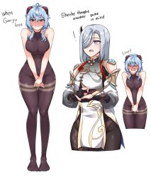 Rule 34 | 2girls, ahoge, black bodysuit, blue hair, blush, bodysuit, bridal gauntlets, commentary, commentary request, covering privates, covering crotch, detached sleeves, dulldull, embarrassed, english commentary, english text, engrish text, full-face blush, full body, ganyu (genshin impact), genshin impact, grey eyes, grey hair, hair between eyes, hair ornament, hair over one eye, highres, horns, long hair, long sleeves, looking at another, multiple girls, ranguage, shenhe (genshin impact), sidelocks, white background