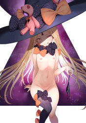 Rule 34 | 1girl, abigail williams (fate), abigail williams (second ascension) (fate), black bow, black hat, black panties, black thighhighs, blonde hair, bow, closed mouth, fate/grand order, fate (series), flat chest, hat, head tilt, holding, holding clothes, holding panties, holding underwear, keyhole, licking lips, long hair, looking at viewer, matanonki, naughty face, navel, nipples, nude, orange bow, panties, polka dot, polka dot bow, purple background, red eyes, ribs, single thighhigh, sitting, smile, solo, striped clothes, striped thighhighs, stuffed toy, thighhighs, tongue, tongue out, underwear, unworn panties, very long hair, white background, witch hat