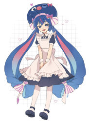 Rule 34 | 1girl, ahoge, alternate costume, animal hat, apron, aqua hair, back bow, blue bow, blue dress, blue eyes, blue footwear, blue hair, blue hat, bow, braid, child, collared dress, dress, eel hat, frilled apron, frills, full body, gradient hair, grid background, hair bow, hat, hat bow, heart, heart ahoge, highres, large hat, long hair, looking at viewer, low-braided long hair, low-tied long hair, low twin braids, low twintails, maid, multicolored hair, open mouth, otomachi una, otomachi una (sugar), own hands together, pantyhose, pink bow, pink hair, puffy short sleeves, puffy sleeves, purple bow, red bow, short sleeves, smile, solo, standing, streaked hair, striped bow, suiso sn3, twin braids, twintails, v arms, very long hair, vocaloid, white apron, white bow, white pantyhose, white wrist cuffs, wrist cuffs