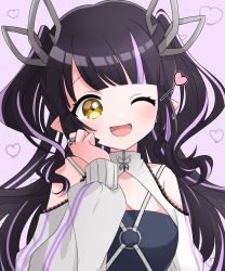 Rule 34 | 1girl, :d, black hair, black tube top, blunt bangs, blush, breasts, cleavage, clothing cutout, commentary request, demon girl, demon horns, heart, highres, horns, jewelry, kino haruc, kojo anna, kojo anna (2nd costume), lace trim, long hair, looking at viewer, medium breasts, multicolored hair, nanashi inc., official alternate costume, one eye closed, open mouth, pink background, pink hair, pointy ears, ring, shoulder cutout, shrug (clothing), smile, solo, strapless, sugar lyric, tube top, two-tone hair, two side up, upper body, virtual youtuber, yellow eyes