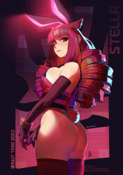 Rule 34 | 1girl, 2023, animal ears, artificial eye, ass, aurahack, black gloves, black thighhighs, breasts, cat ears, character name, drill hair, elbow gloves, english text, fake animal ears, from side, gloves, highres, large breasts, lips, long hair, looking at viewer, mechanical eye, quad drills, rabbit ears, rabbit tail, red eyes, red hair, solo, stella hoshii, tail, thighhighs, va-11 hall-a, watermark, web address