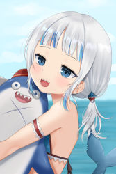 Rule 34 | 1girl, :d, absurdres, alternate costume, arm garter, bare shoulders, bikini, bloop (gawr gura), blue eyes, blunt bangs, blurry, blurry background, blush, breasts, cloud, clover (cloversoya), commentary, day, fins, fish tail, from side, gawr gura, hair ornament, half-closed eyes, highres, hololive, hololive english, horizon, long hair, looking afar, looking away, low twintails, multicolored hair, open mouth, shark hair ornament, shark tail, sharp teeth, sidelocks, silver hair, sky, small breasts, smile, solo, streaked hair, swimsuit, symbol-only commentary, tail, teeth, twintails, virtual youtuber, water