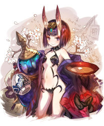 Rule 34 | 1girl, alcohol, bare shoulders, blush, breasts, cherry blossoms, cup, fate/grand order, fate (series), haku (sabosoda), horns, japanese clothes, kimono, looking at viewer, navel, off shoulder, oni, open clothes, open kimono, purple eyes, purple hair, sakazuki, sake, short eyebrows, short hair, shuten douji (fate), sketch, skin-covered horns, small breasts, smile, solo, thick eyebrows