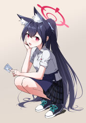 Rule 34 | 1girl, absurdres, animal ear fluff, animal ears, black footwear, black hair, black skirt, blue archive, blush, breasts, buttons, cat ears, collared shirt, extra ears, fang, full body, grey background, hair between eyes, halo, highres, long hair, nasan (coldtime), open mouth, pleated skirt, red eyes, red halo, serika (blue archive), shirt, shoes, short sleeves, simple background, skirt, slit pupils, small breasts, solo, squatting, twintails, white shirt