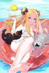 Rule 34 | 1girl, abigail williams (fate), abigail williams (swimsuit foreigner) (fate), abigail williams (swimsuit foreigner) (third ascension) (fate), absurdres, afloat, barefoot, bikini, black bow, black cat, blonde hair, blue eyes, bow, cat, double bun, fate/grand order, fate (series), feet, foot out of frame, forehead, hair bow, hair bun, heart-shaped innertube, highres, innertube, legs, light smile, long hair, looking at viewer, multiple cats, multiple hair bows, orange bow, parted bangs, soles, solo, swim ring, swimsuit, toenails, toes, twintails, very long hair, water, white bikini, yao (kiwi hiu)