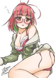 Rule 34 | 1girl, arimura yuu, blush, bra, breasts, cleavage, dated, drunk, feet out of frame, frilled bra, frills, glasses, green hair, green shirt, grey skirt, highres, juliet sleeves, kantai collection, long sleeves, lying, medium breasts, multicolored hair, nose blush, on side, open mouth, panties, pink-framed eyewear, pink bra, pink hair, pink panties, pleated skirt, ponytail, puffy sleeves, sailor collar, school uniform, serafuku, shirt, short hair, side-tie panties, signature, simple background, skirt, solo, streaked hair, ume (kancolle), underwear, white background, white sailor collar