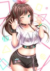 Rule 34 | 1girl, ;), aqua eyes, bare shoulders, belt, black choker, black shorts, breasts, brown hair, choker, closed mouth, collarbone, commentary request, cowboy shot, crop top, crop top overhang, floating hair, hairband, hands up, highres, kizuna ai, kizuna ai inc., long hair, looking at viewer, medium breasts, midriff, multicolored hair, navel, off-shoulder shirt, off shoulder, official alternate costume, one eye closed, ponytail, shirt, short shorts, short sleeves, shorts, sidelocks, smile, solo, standing, star (symbol), stomach, streaked hair, tank top, thighs, undershirt, very long hair, virtual youtuber, white shirt, wristband, yuano