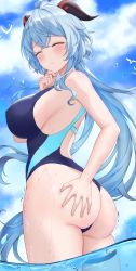 Rule 34 | 1girl, absurdres, ahoge, alternate costume, ass, ass grab, back, bare arms, bare shoulders, bird, blue hair, blue one-piece swimsuit, blue sky, blush, breasts, closed eyes, closed mouth, cloud, commentary request, competition swimsuit, covered erect nipples, floating hair, from side, ganyu (genshin impact), genshin impact, goat horns, grabbing own ass, highres, horns, large breasts, long hair, looking at viewer, one-piece swimsuit, partially underwater shot, ponytail, raised eyebrows, ronnie z, sideboob, sidelocks, skindentation, sky, solo, swimsuit, thigh strap, thighs, two-tone swimsuit, wading, water, wavy mouth, wet
