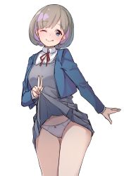 Rule 34 | 1girl, ;p, absurdres, blue eyes, blue jacket, bow, bow panties, clothes lift, collared shirt, dress, dress lift, grey dress, grey hair, highres, jacket, justeeeeth, lifting own clothes, long sleeves, looking at viewer, love live!, love live! superstar!!, neck ribbon, one eye closed, panties, parted bangs, pinafore dress, red ribbon, ribbon, school uniform, shirt, short hair, simple background, sleeveless dress, smile, solo, tang keke, tongue, tongue out, underwear, v, white panties, white shirt, yuigaoka school uniform