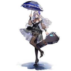 Rule 34 | 1girl, black dress, black footwear, black pantyhose, black umbrella, blue eyes, breasts, dress, flower, fx-05 (girls&#039; frontline), fx-05 (she walks in the rain) (girls&#039; frontline), girls&#039; frontline, grey hair, hair flower, hair ornament, high heels, highres, holding, holding case, holding umbrella, large breasts, long hair, looking at viewer, miyazakisoul, official art, open mouth, pantyhose, solo, standing, standing on one leg, transparent background, umbrella, weapon case