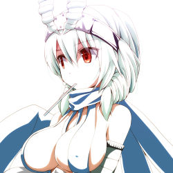 Rule 34 | 1girl, baltan seijin, bare shoulders, between breasts, blue scarf, breasts, cleavage, eyelashes, green hair, hair between eyes, headgear, large breasts, looking away, looking to the side, mouth hold, personification, red eyes, scarf, sideboob, simple background, solo, ultra kaijuu gijinka keikaku, ultra series, upper body, watarui, white background
