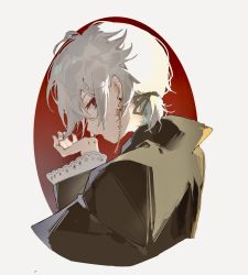 Rule 34 | 1boy, alternate costume, bite mark, black cape, blood, blood on hands, cape, earrings, genshin impact, hair between eyes, highres, jewelry, kaedehara kazuha, long sleeves, looking at viewer, male focus, parted lips, persimmon (lsxh3), ponytail, portrait, profile, red eyes, simple background, solo, vampire, white hair