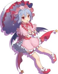 Rule 34 | 1girl, bat wings, beni kurage, blue hair, blush, bobby socks, bow, bowtie, bridal garter, capelet, commentary request, dress, fang, frilled capelet, frilled shirt collar, frills, full body, hair between eyes, hat, hat ribbon, highres, holding, holding umbrella, looking at viewer, mary janes, mob cap, open mouth, petticoat, pink capelet, pink dress, pink hat, pointy ears, red bow, red bowtie, red eyes, red footwear, red ribbon, red sash, remilia scarlet, ribbon, sash, shoes, short hair, silhouette, simple background, smile, socks, solo, space print, star (symbol), starry sky print, thighs, touhou, umbrella, white background, white socks, white umbrella, wings, wrist cuffs
