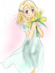 Rule 34 | 00s, 1girl, blonde hair, blue dress, blue eyes, bouquet, chisato (missing park), dress, female focus, flower, hair ornament, hairclip, holding, looking at viewer, pink background, puffy short sleeves, puffy sleeves, raised eyebrows, short hair, short sleeves, simoun, simple background, sketch, solo, white dress, yun (simoun)