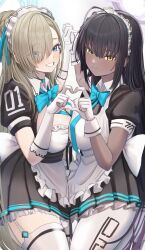Rule 34 | 2girls, absurdres, asuna (blue archive), black hair, blue archive, blue eyes, cafenami, highres, karin (blue archive), light brown hair, looking at viewer, maid, multiple girls, short sleeves, smile, yellow eyes